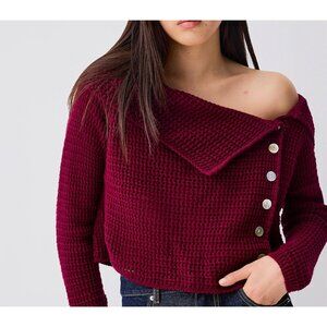 Commense Burgundy Knit Sweater Asymmetric Button Folded Collar Women's Medium